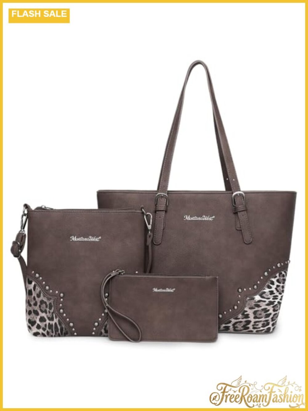Montana West 3Pc Tote Crossbody Wallet Set Leopard Animal Print Purse